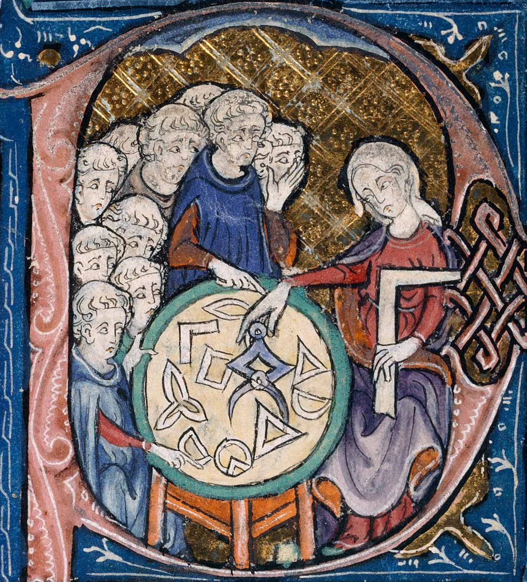 O frontispício de uma tradução latina de Adelardo de Bath dos Os Elementos de Euclides, c. 1309–1316; a tradução latina mais antiga sobrevivente de contendo também algum trabalho original.
